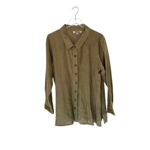 Flax Green Linen Lagenlook Coastal Grandma Long Sleeve Button Front Blouse Small